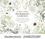Vector frame of white flowers. Narcissus, peony, rose, iris, snowdrop, crocus, lily of the valley, anemone, tulip