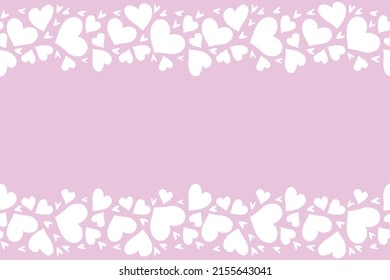 Vector frame of white hearts on pink background. Love romance theme. Horizontal top and bottom edging, border, decoration for birthday, Valentine's day, greeting card, wedding