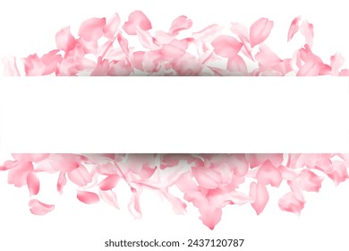 Vector frame with white place for text and flower petal confetti background. White border. Invitation template or greeting card layout for wedding, anniversary, spring holiday. Pink sakura petals