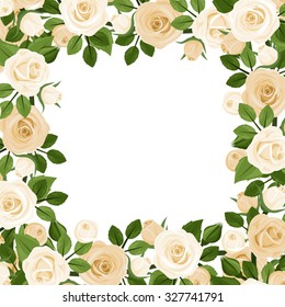 Vector frame with white roses and green leaves.