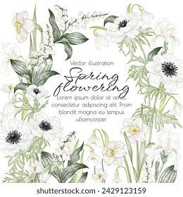 Vector frame white spring flowers. Daffodils, lilies of the valley, snowdrops, irises, anemones, crocuses