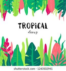 Vector frame with wild tropical rainforest plants. Tropic design.