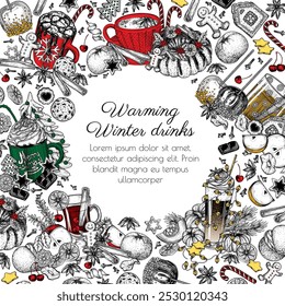 Vector frame of winter hot drinks. Spiced pumpkin-orange latte, hot chocolate, marshmallow cocoa, mulled wine, spiced tea latte, hot apple cider with gingerbread