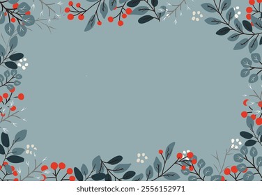 Vector frame with winter red berries and branches and space for text in the center. Winter holidays. Template for frame, invitation, postcard.