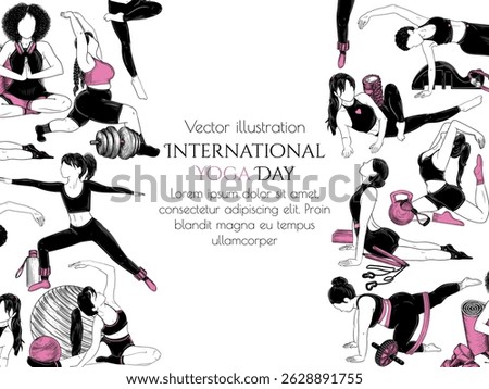 Vector frame with women doing pilates. Banner of international with different types of figure girls doing fitness. Exercise illustration. Sports women's club. International Yoga Day card