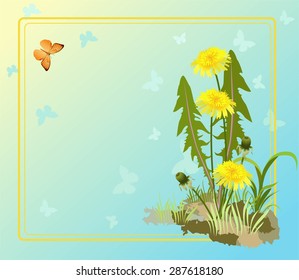 The vector frame with yellow dandelions
and butterfly.