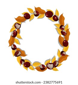 Vector frame  with yellow leaves and chestnuts around. Autumn posters background, banner, or flyer design. Template for advertising, web, social media.