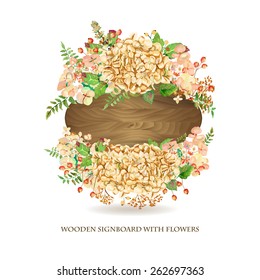 Vector frame of yellow watercolor hydrangea and berries on wooden background. Illustration wreath of flowers. Can be used as a greeting card for Valentine's day, birthday, mother's day and so on.