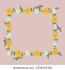 Vector frame with yellow and white flowers and foliage with free space for any text. Pastel pink background. Illustration eps 10.
