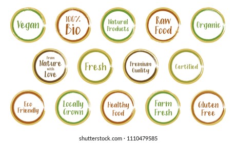 Vector framed organic labels, eco stamps for restaurants menu, natural products packaging. Fresh raw food vegan gluten free eco friendly premium quality locally grown organic healthy food labels.