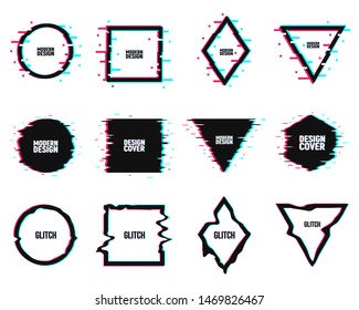 Vector frames, borders and logos in distorted glitch style. Set of Circle, square, triangle, rhombus in retro glitch style. Modern trendy backgrounds for design banner, poster, flyer, cover.