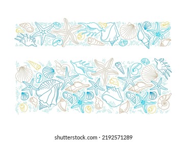 Vector frames, borders, vignettes of line art tropical sea elements, seashells, starfish. Doodles of marine life. Sea decor for scrapbook, card, decoration, design. Ocean, sea, maritime illustration
