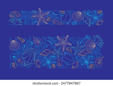 Vector frames, borders, vignettes of line art tropical sea elements, seashells, starfish. Doodles of marine life. Sea decor for scrapbook, card, decoration. Ocean, sea creatures. Maritime illustration