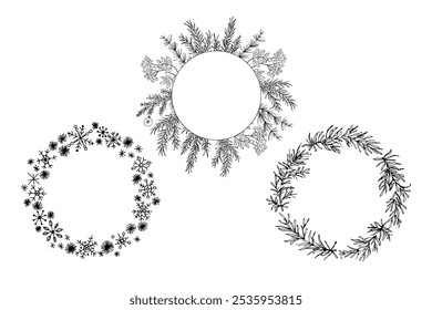 Quadros vetoriais com ramos de coníferas, flocos de neve, rowan. Tinta desenhada à mão bordas festivas de inverno com plantas para texto. Elementos de design para parabenizar de férias, convite, Ano Novo, Natal