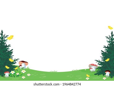 Vector frames for a fairy tale background from trees, mushrooms, flowers and butterflies in a cartoon style.