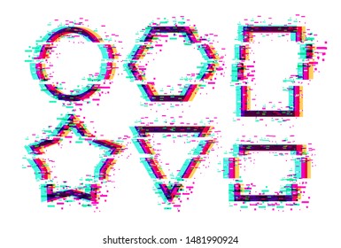 Vector frames with glitch tv distortion effect and a place for text, geometric shapes star, triangle, circle, square, rhombus, isolated on white background, vector illustration