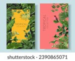Vector frames of green tropical leaves and hummingbird on colorful background. Exotic botanical design for cosmetics, spa, perfume, beauty salon, travel agency, florist shop. Best as packaging design
