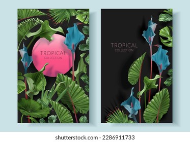 Vector frames with green tropical leaves and blue flowers on black background Luxury exotic botanical design for cosmetics, wedding invitation, summer banner, perfume, beauty, travel, packaging design