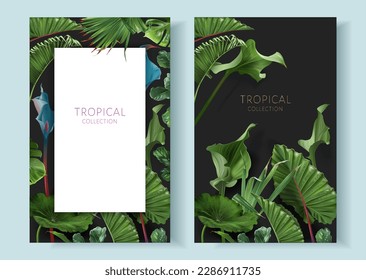 Marcos vectoriales con hojas tropicales verdes y flores azules sobre fondo negro Diseño botánico exótico de lujo para cosméticos, invitación a bodas, banner de verano, perfume, belleza, viajes, diseño de embalaje