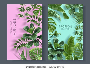 Vector frames with green tropical leaves on colorful background. Exotic botanical design for cosmetics, spa, perfume, beauty salon, travel agency, florist shop. Best as packaging design