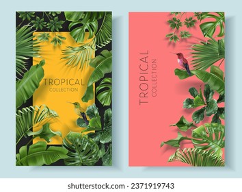 Vector frames of green tropical leaves and hummingbird on colorful background. Exotic botanical design for cosmetics, spa, perfume, beauty salon, travel agency, florist shop. Best as packaging design