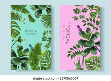 Vector frames of green tropical leaves and hummingbird on colorful background. Exotic botanical design for cosmetics, spa, perfume, beauty salon, travel agency, florist shop. Best as packaging design