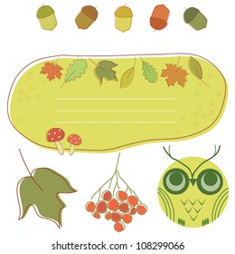 Vector frames and labels with leaves and owls