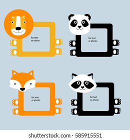 Vector frames for photos in the form of animals. Fox, lion, panda, lemur. Frames for children.