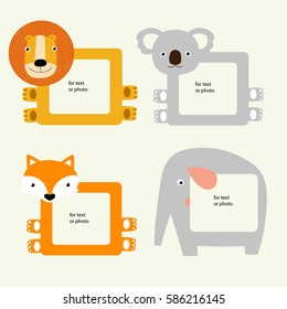 Vector frames for photos in the form of animals. Lisa, a lion, a koala, an elephant. Frames for children.