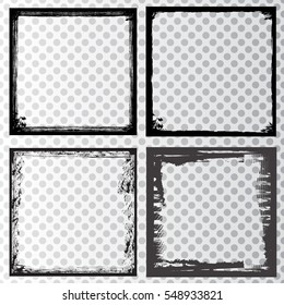 Vector Frames. rectangles for image. distress texture . Grunge Black and White borders isolated on the transparent halftone dots background . Dirt , scratch , crack and grain effect .