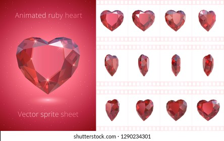 Vector Frames Of Rotating Ruby Heart. Luxury Red Crystal Valentine. Symbol Of Love. Set Of 3d Realistic Icons. 12 Frames Per Second. Looped Sequence For GIF, Flash And HTML Animation. Isolated Clipart