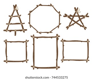 Vector frames set. Craft decoration, branches and sticks boarders design. Handcrafts, rustic design elements. Christmas tree, star