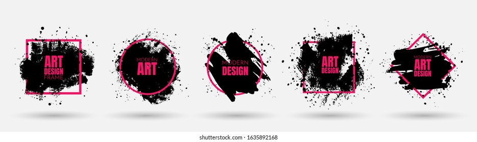 Vector frames for text. Grunge banners set. Black paint. Brush ink stroke. Isolated square white frame. Element for design poster, cover, invitation, gift card, flyer, social media, promotion. 