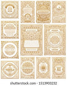 Vector frames in vintage style. Gold labels for bottles and packaging. Templates for retro cards or book covers or postcards. Emblems, patterns and ribbons for text