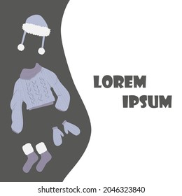 Vector frames with winter knitted clothes for placing the lettering hello winter on a gray background