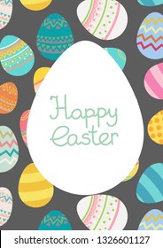 Vector framework with egg shape. Easter different, various decorative colored egg bright colored with hand drawn lettering Happy Easter