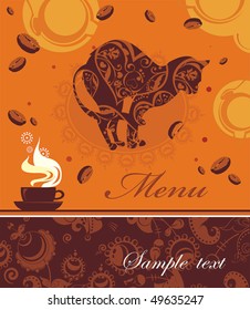 Vector framework for menu with illustration cat and coffee cups. Template designs of card for cafe and restaurant.