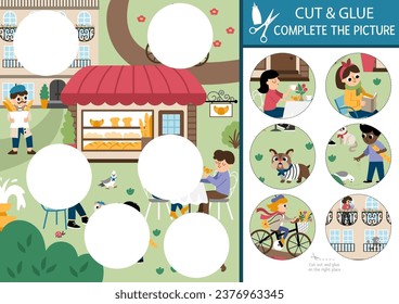 Vector France cut and glue activity. Crafting game with cute Paris city landscape, people, bakery. Fun printable worksheet for kids. Find the right piece of the puzzle. Complete the picture
