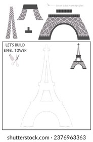 Vector France cut and glue activity. Crafting game with cute Paris city sight. Fun printable worksheet for kids. Find the right piece of the puzzle. Complete the picture. Let’s build Eiffel Tower
