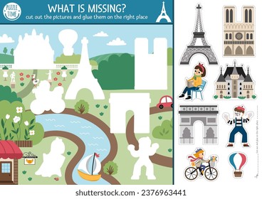 Vector France cut and glue activity. Crafting game with cute Paris city landscape, people, Eiffel Tower. Fun printable worksheet for kids. Find the right piece of the puzzle. Complete the picture
