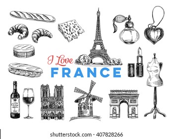 Vector France hand drawn Illustration. Sketch. Vintage style. Retro background. 