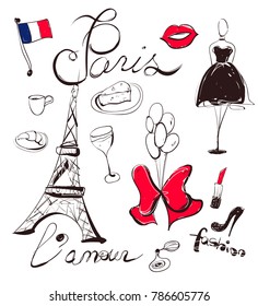 Vector France illustration. Set of hand-drawn Paris symbols such as Eiffel Tower, black dress, cheese, red lips, croissanet, etc