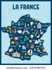 Vector France map. Cartoon postcard with French places of interest, cities, symbols. Touristic attraction background or card design with Paris, Eiffel Tower, castle, animals, nature, tricolor flag
