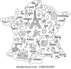 Vector France map. Cartoon postcard with French places of interest, cities, symbols. Touristic attraction black and white background or coloring page with Paris, Eiffel Tower, castle, animals
