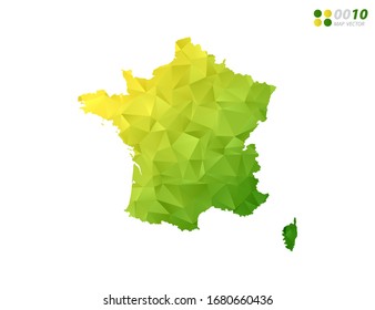 Vector France map green and yellow polygon triangle mosaic with white background. style gradient.
