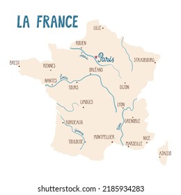 Vector France map with the main cities and rivers. Touristic map. France outline. Isolated on white