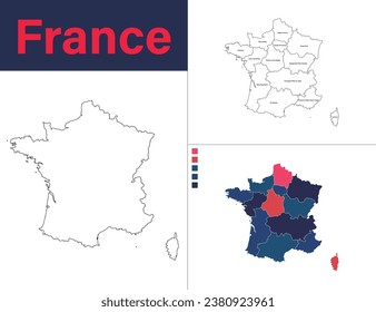 Vector France maps pack including outline regions national color palette