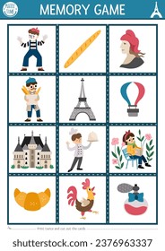 Vector France memory game cards with cute traditional symbols. French matching activity. Remember, find correct card. Simple printable worksheet for kids with mime, baguette, Eiffel Tower
