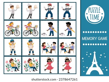 Vector tarjetas de memoria de Francia con gente francesa linda. Actividad coincidente. Recuerda, encuentra la tarjeta correcta. Hoja de trabajo simple imprimible para niños con bicicleta de niña, lectura, mime, chef, hombre, baguette
