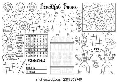 Colocación vectorial en Francia para los niños. Grapado de actividad imprimible francés con laberinto, tac tac tac tac tac gráfico, conectar los puntos, encontrar la diferencia. Mat de juego en blanco y negro, página de colores con Torre Eiffel, croissant